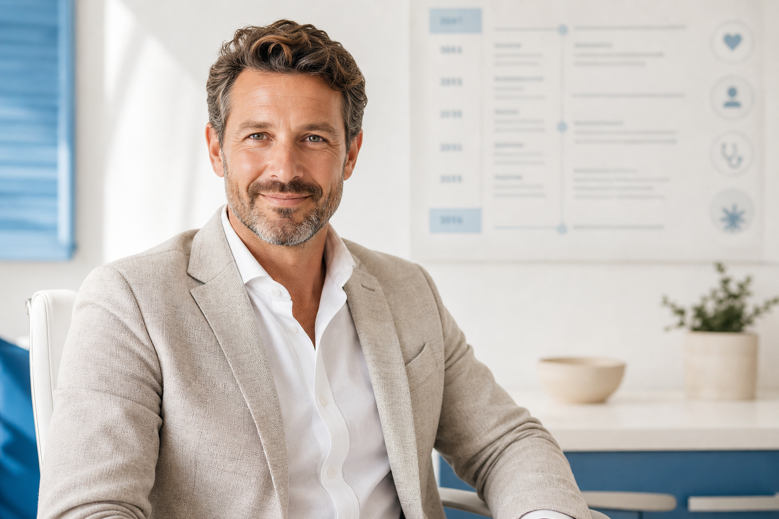 Dr. med. Martin Seebacher vor stilisiertem Curriculum Vitae im Hintergrund