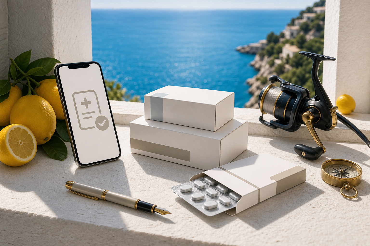 Smartphone mit abstraktem E-Rezept-Symbol und neutralen Arzneimittelverpackungen am Meer