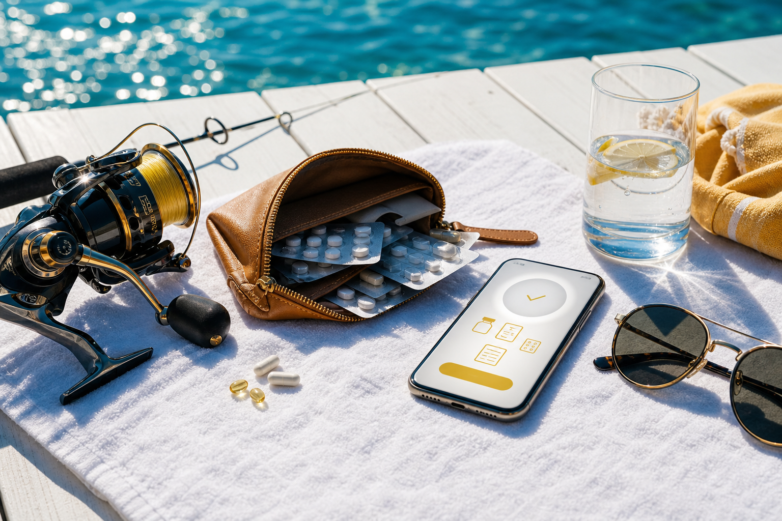 Angelrolle, Smartphone und neutrale Arzneimittelverpackung auf mediterranem Bootssteg